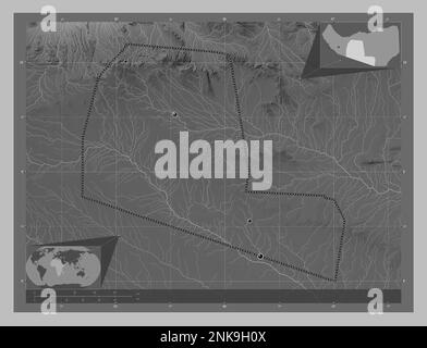 Togdheer, region of Somaliland. Grayscale elevation map with lakes and rivers. Locations of major cities of the region. Corner auxiliary location maps Stock Photo