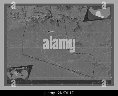 Togdheer, region of Somaliland. Bilevel elevation map with lakes and rivers. Locations and names of major cities of the region. Corner auxiliary locat Stock Photo