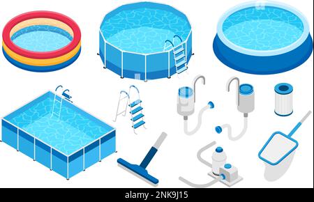 Isometric swimming pool equipment set with isolated icons of pumps cleanup tools round and square pools vector illustration Stock Vector