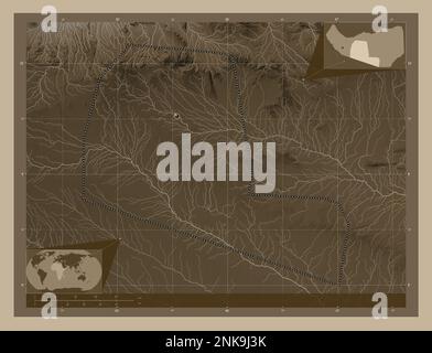 Togdheer, region of Somaliland. Elevation map colored in sepia tones with lakes and rivers. Corner auxiliary location maps Stock Photo