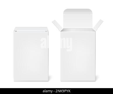 Realistic box mockup set with two images of blank white cardboard box closed and open views vector illustration Stock Vector