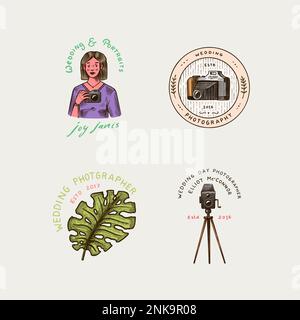 Wedding photographer badges or logos. Photo camera for the holiday. Photography Community. Templates for Retro Studio, vintage store or shop. Hand Stock Vector