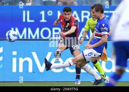 Genoa, Italy. 30 April 2022. Antonio Candreva of UC Sampdoria competes for  the ball with Pablo Galdames of Genoa CFC during the Serie A football match  between UC Sampdoria and Genoa CFC.