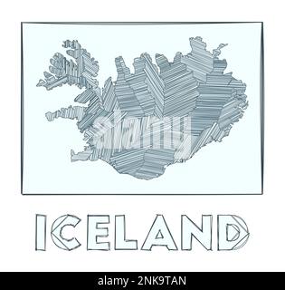 Sketch map of Iceland. Grayscale hand drawn map of the country. Filled regions with hachure stripes. Vector illustration. Stock Vector