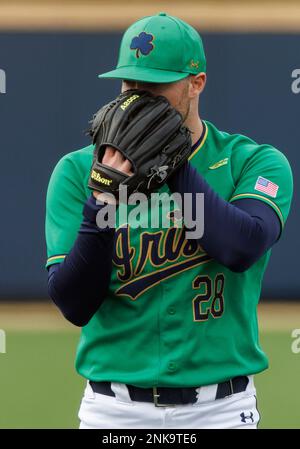 Notre Dame pitcher John Michael Bertrand throws against Virginia during an  NCAA college baseball game at the Atlantic Coast Conference tournament on  Friday, May 28, 2021, in Charlotte, N.C. (AP Photo/Chris Carlson