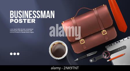 Realistic businessman ad poster background with horizontal top view composition of workplace elements briefcase and text vector illustration Stock Vector