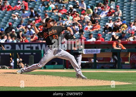 April 24, 2022: Baltimore Orioles designated hitter Trey Mancini (16)  during a MLB baseball game between the Baltimore Orioles and the Los  Angeles Angels at Angel Stadium in Anaheim, California. Justin Fine/CSM