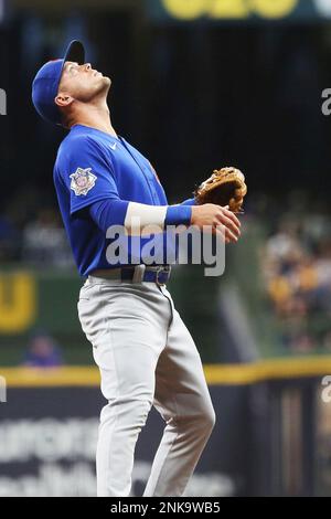 MILWAUKEE, WI - APRIL 29: Chicago Cubs shortstop Nico Hoerner (2) waits for  a pop fly during a game between the Milwaukee Brewers and the Chicago Cubs  at American Family Field on