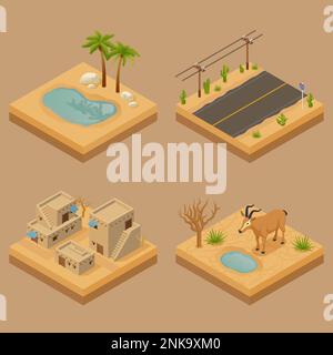 Desert landscape 2x2 design concept set of four isometric compositions with road oasis animals and dwelling vector illustration Stock Vector