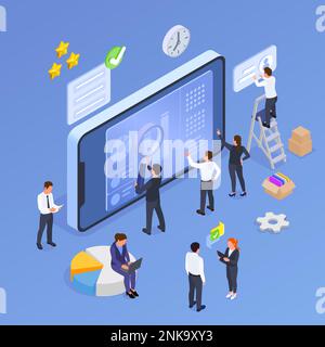 Business software design concept with people working on development management customer relation productivity isometric vector illustration Stock Vector