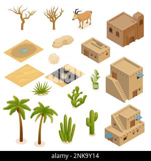 Desert landscape isometric set of mud brick buildings plants animals inhabits adapted for hot arid climate isolated vector illustration Stock Vector