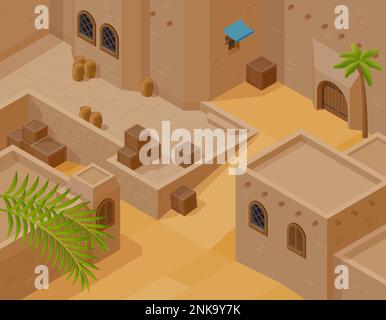 Fragment of desert landscape with traditional mud brick houses isometric background vector illustration Stock Vector