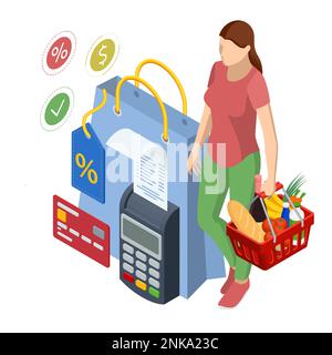 Isometric checking a grocery receipt, grocery shopping and expenses concept. Grocery supermarket, food and eats online buying. Shopping basket with Stock Vector