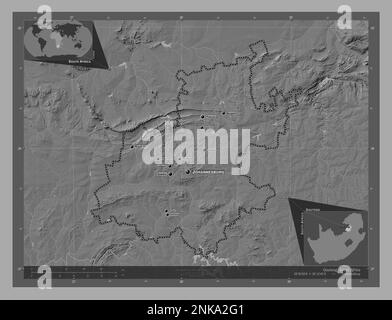 Gauteng, province of South Africa. Bilevel elevation map with lakes and rivers. Locations and names of major cities of the region. Corner auxiliary lo Stock Photo