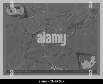 Gauteng, province of South Africa. Grayscale elevation map with lakes and rivers. Locations and names of major cities of the region. Corner auxiliary Stock Photo