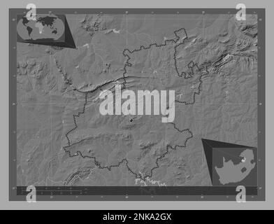 Gauteng, province of South Africa. Bilevel elevation map with lakes and rivers. Corner auxiliary location maps Stock Photo