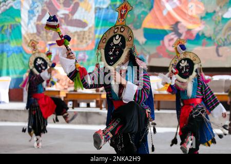 Kathmandu, Nepal. 23rd Feb, 2023. People clad in traditional attire dance during Tibetan Gyalpo Lhosar, marking the 2150 New Year of the Rabbit at Srongtsen Bhrikuti school. The Tibetan New year, also known as Losar Festival, is the most important festival on the Tibetan calendar. This Year of the Water Rabbit 2023 (2150 in the Tibetan calendar) is considered a year of hope. Credit: SOPA Images Limited/Ģ����ý Live News Stock Photo