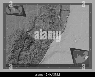 KwaZulu-Natal, province of South Africa. Bilevel elevation map with lakes and rivers. Locations and names of major cities of the region. Corner auxili Stock Photo