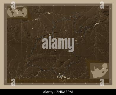 Gauteng, province of South Africa. Elevation map colored in sepia tones with lakes and rivers. Corner auxiliary location maps Stock Photo