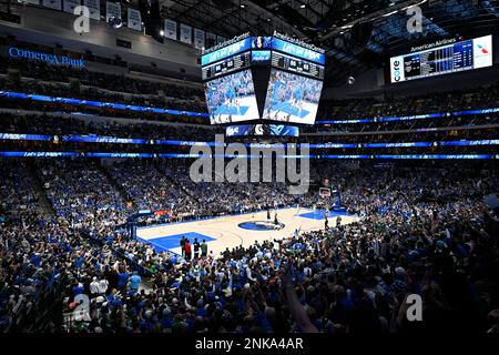 American Airlines Center is seen in a general baseline fisheye view from  the upper level during game action of an NBA basketball game between the  Boston Celtics and the Dallas Mavericks on