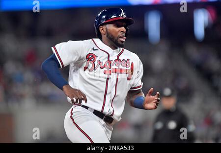 Atlanta, GA, USA. 09th Apr, 2022. Atlanta Braves outfielder Marcell Ozuna  hits a double during the third inning of a MLB game against the Cincinnati  Reds at Truist Park in Atlanta, GA.