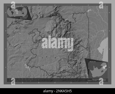 Mpumalanga, province of South Africa. Bilevel elevation map with lakes and rivers. Locations and names of major cities of the region. Corner auxiliary Stock Photo