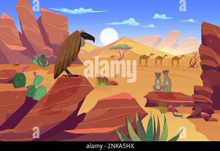 Desert animal composition with daylight landscape of wasteland with rocks sands trees with animals and birds vector illustration Stock Vector