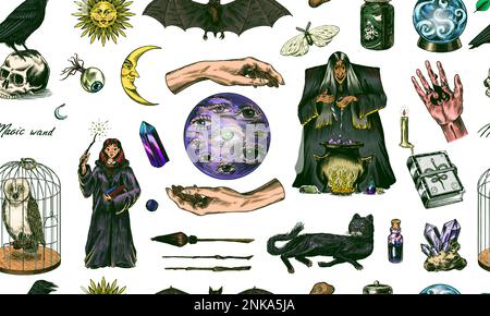 Witch brews a potion in a cauldron seamless pattern. Magic ball, book of spells, black cat, beldam and sorcery, Crow on skull. Sun and a Crescent moon Stock Vector