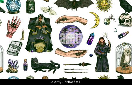 Witch brews a potion in a cauldron seamless pattern. Magic ball, book of spells, black cat, beldam and sorcery, Crow on skull. Sun and a Crescent moon Stock Vector