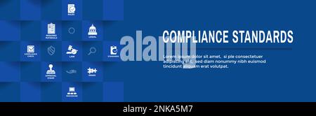 Compliance Standards web header banner w icon set that shows company passed inspection Stock Vector