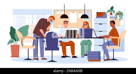 Office flat concept with employees sitting at work table vector illustration Stock Vector
