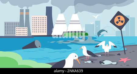 Water pollution flat concept with smoking plant pipes and dirty sea shore vector illustration Stock Vector