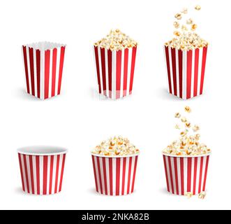 Realistic popcorn icons set with full and empty cardboard packs and buckets isolated vector illustration Stock Vector