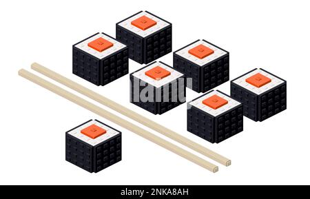 Set of tekka maki sushi along with bamboo sticks in isometric. Vector clipart Stock Vector