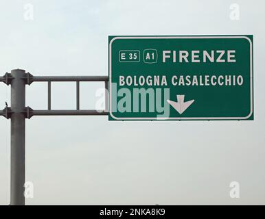 Wide italian Road Signal with name of Place like Florence or Bologna and Casalecchio City Stock Photo