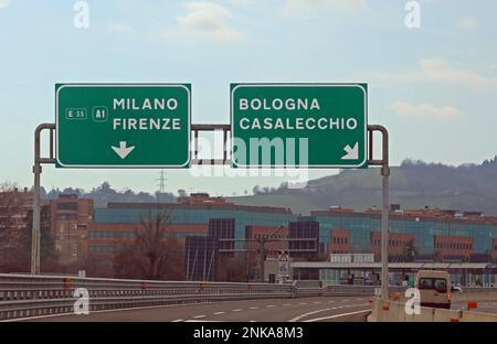 Wide italian Road Signal with name of Place like Milano Florence or Bologna and Casalecchio City Stock Photo