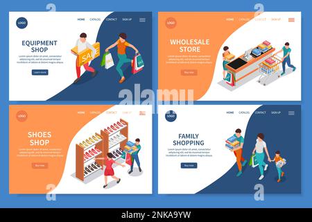 Shopping people isometric set of four web site landing pages with images links buttons and text vector illustration Stock Vector