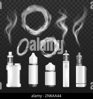 Realistic vape smoke rings set of isolated icons with white smoke puffs and disposable smoking devices vector illustration Stock Vector