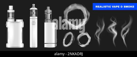 Realistic vape set with isolated icons of smoke circles and puffs with vaping devices and text vector illustration Stock Vector
