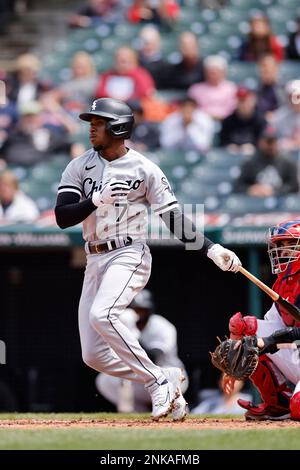 CLEVELAND, OH - APRIL 21: Chicago White Sox designated hitter Eloy Jimenez  (74) bats during an MLB game against the Cleveland Guardians on April 21,  2022 at Progressive Field in Cleveland, Ohio. (