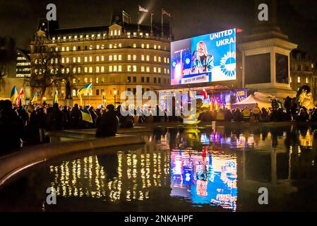 U.S. Ambassador Jane Hartley speaking at the United for Ukraine Vigil marking the anniversary of Russia's invasion of Ukraine, Trafalgar Square, Londo Stock Photo