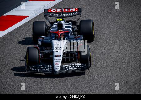 Sakhir, Bahrain, 23rd Feb 2023, Yuki Tsunoda, from Japan competes for Scuderia AlphaTauri. Winter Testing, the winter testing of the 2023 Formula 1 championship. Credit: Michael Potts/Alamy Live News Stock Photo