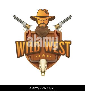 Wild west cartoon emblem with composition of human head pistols stars animal skull and editable text vector illustration Stock Vector