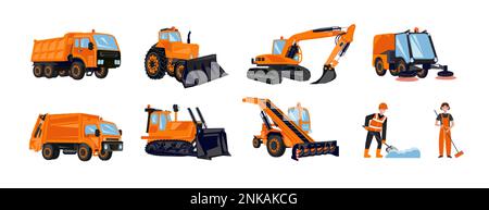 Municipal service road cleaning transport flat set of isolated images with orange dump trucks bulldozers workers vector illustration Stock Vector