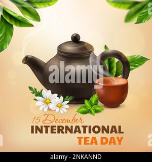 International tea day poster with clay teapot and steaming cup realistic vector illustration Stock Vector