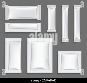 White paper sachet packet mockups for sugar or soluble powder realistic set isolated on grey background vector illustration Stock Vector