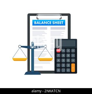 Clipboard with Balance sheet with calculator. Financial reports statement and documents. Vector stock illustration. Stock Vector