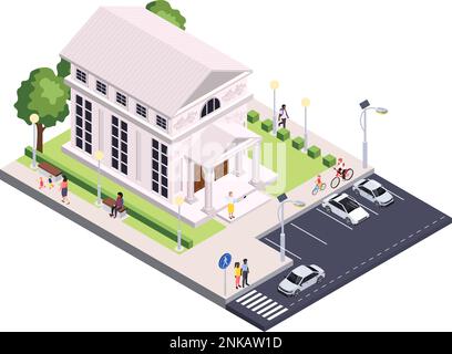 Classic architecture isometric composition with outdoor view and parking lot in front of slim medieval building vector illustration Stock Vector