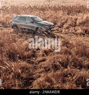 Luxury Mercedes GLE 450 with 4x4 on a meadow in the morning mist. V6 engine, 367 hp. Orzesze, Poland - 01.12.2020 Stock Photo