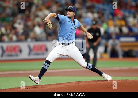 St. Petersburg, Florida, USA. June 26, 2022: Tampa Bay Rays starting  pitcher Shane McClanahan (18) throws a pitch during the MLB game between  Pittsburgh Pirates and Tampa Bay Rays St. Petersburg, FL.